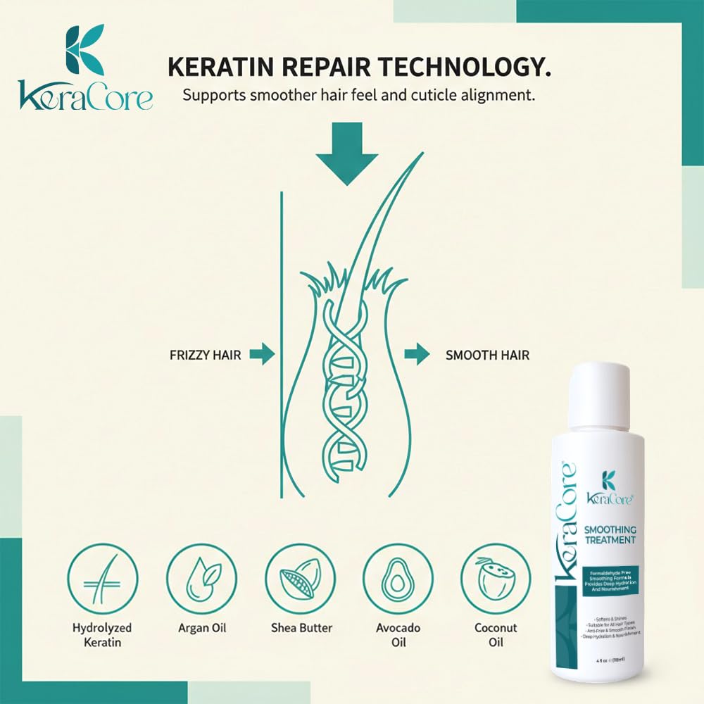 KeraCore Hair Smoothing Treatment | Professional-Grade Frizz Control & Repair System | 3 Months of Frizz-Free Freedom, Formaldehyde-Free | Effortlessly Beautiful Smooth Hair & Reduced Styling Time 4 Oz