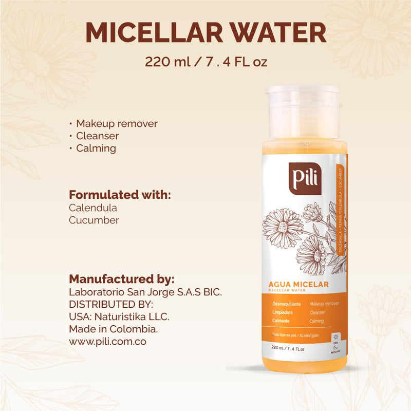 Pili Micellar Water with Calendula & Cucumber. Cleanses and hydrates Skin. Waterproof Makeup Remover. Gentle Toner for face, Eyes, and Lips | All Skin Types | Pump Dispenser Bottle 7.4 fl oz.