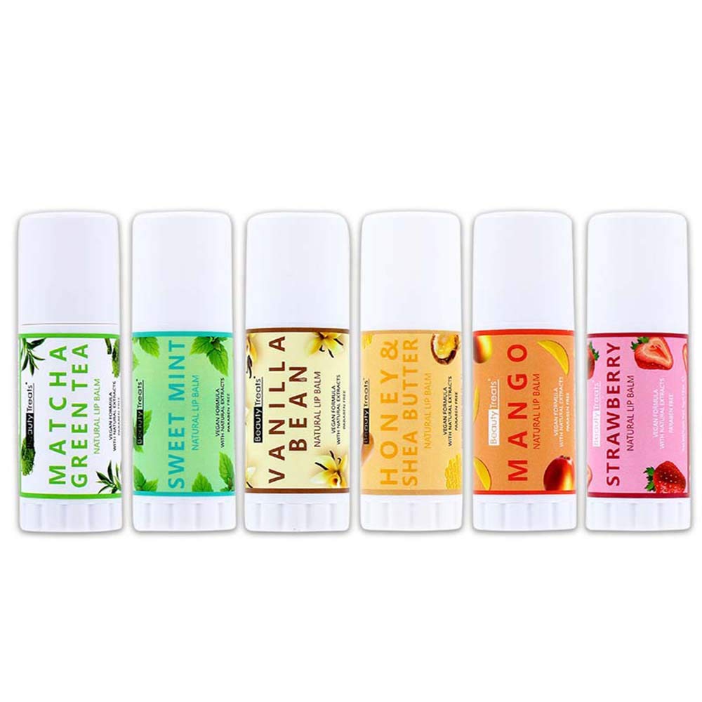 Beauty Treats Natural Lip Balm Set of  6 Scents Honey & Shea Butter, Sweet Mint, Mango, Vanilla Bean, Matcha Green Tea, Strawberry - Bálsamo para Labios