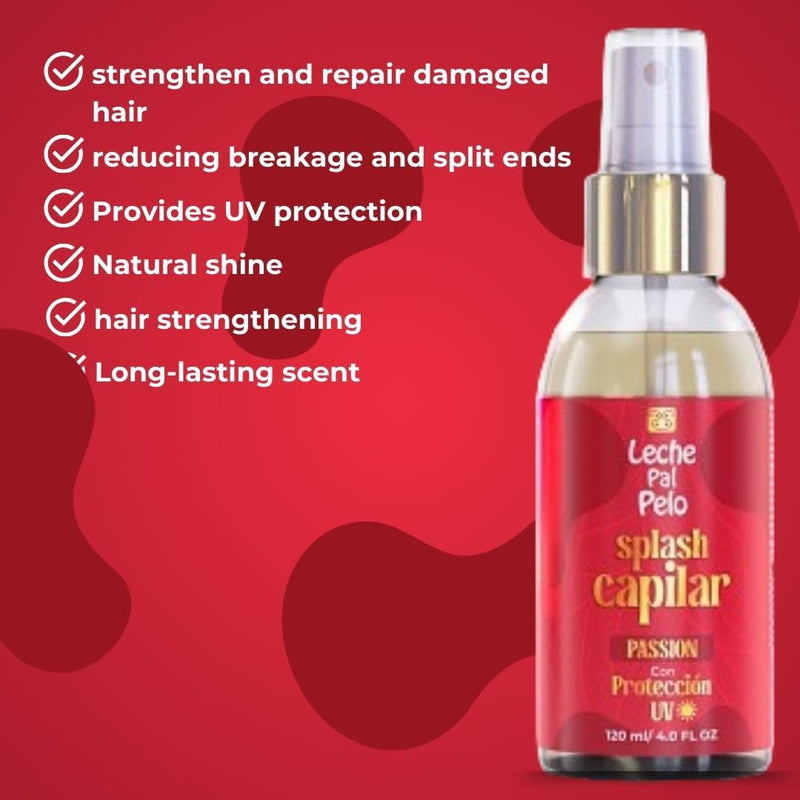 Leche Pal Pelo Hair Splash - Passion Perfume: Revitalize Your Hair with Long-Lasting Fragrance, Shine, and UV Protection, 4 oz.