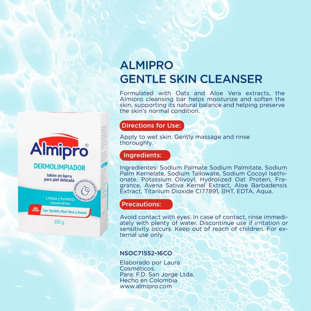 ALMIPRO - Face & Body Cleanser Bar Soap-Free Syndet with Oatmeal & Aloe Vera for Delicate Skin Gentle Wash Bar for All Skin Types 3.5 oz Bars, Pack of 3