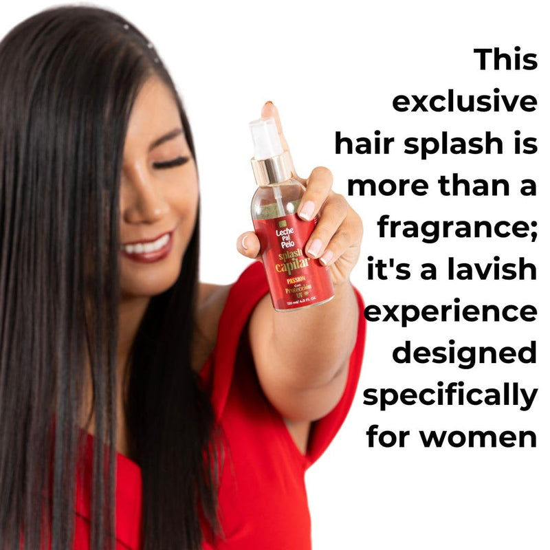 Leche Pal Pelo Hair Splash - Passion Perfume: Revitalize Your Hair with Long-Lasting Fragrance, Shine, and UV Protection, 4 oz.