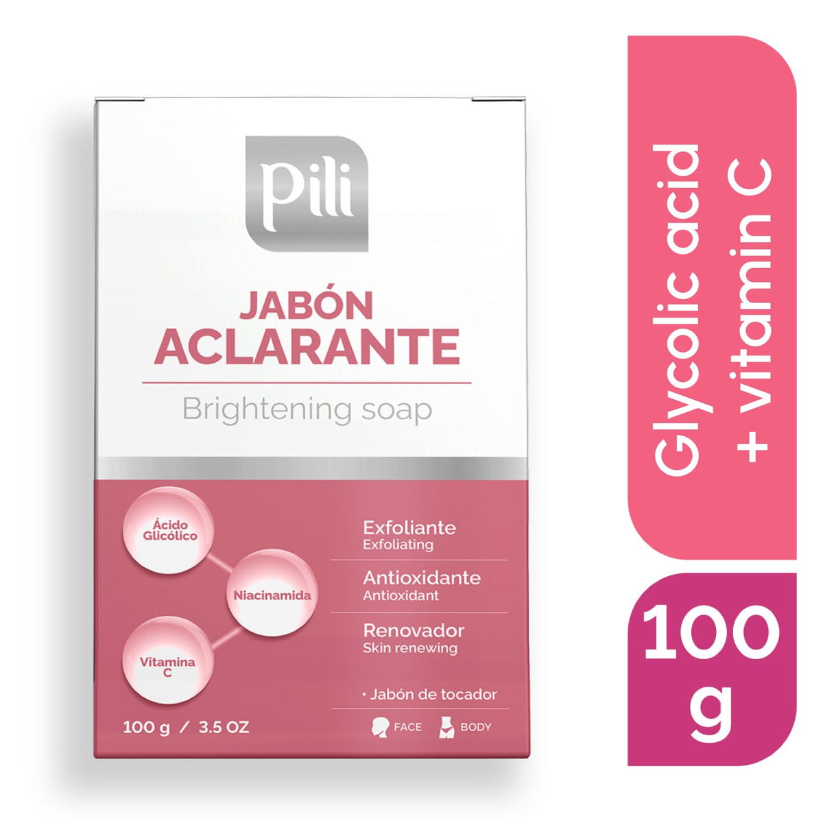 Pili · Jabón despigmentante con ácido glicólico, vitamina C y niacinamida · 3.5 oz · paquete de 2
