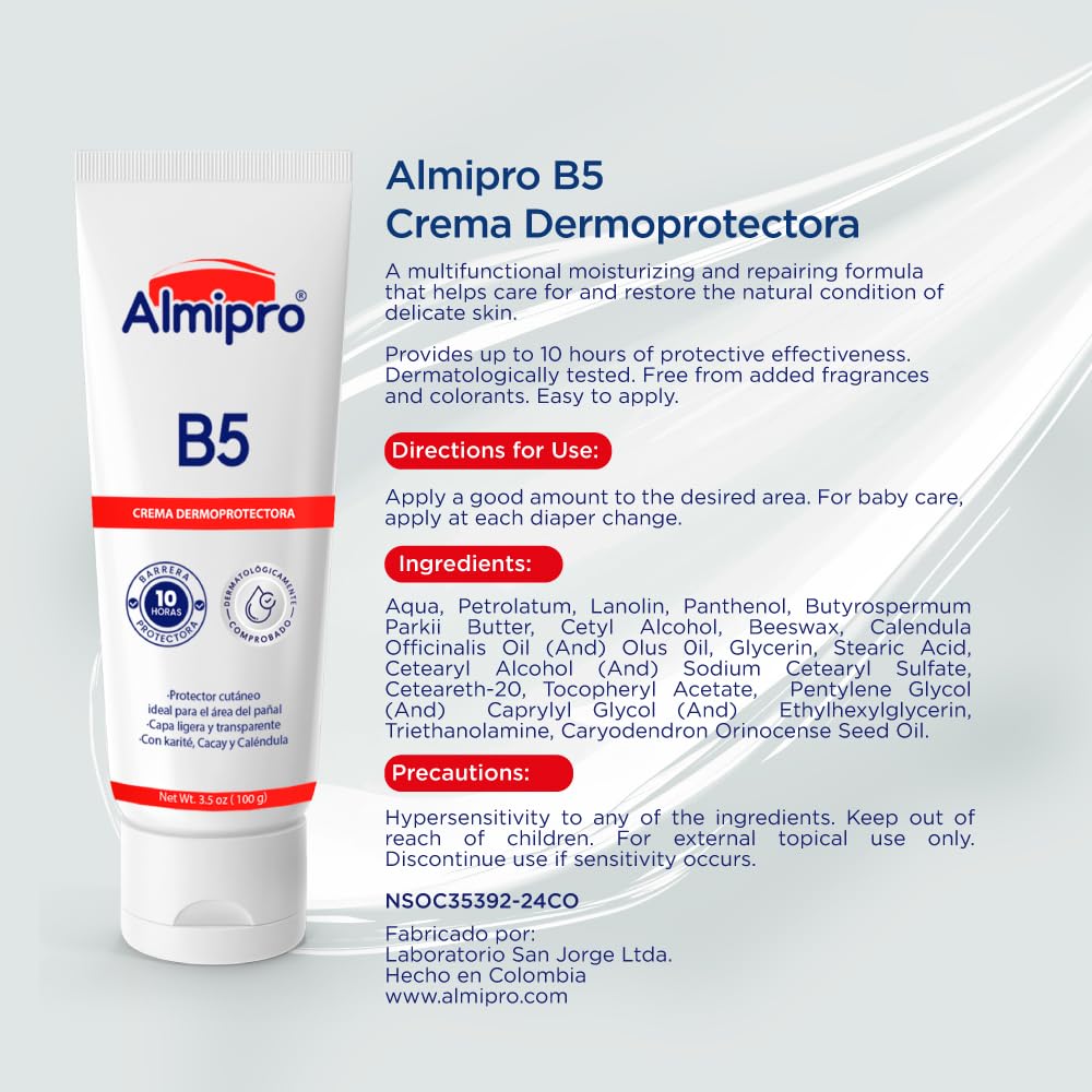 almipro B5 Dermo Protector cream. Moisturizing, repairing, protecting formula. Calendula and Cacay oil. Multi-Purpose Cream for Delicate Skin, Body, Hand Balm, Baby Safe. Soft & Clear texture. 3.5 oz