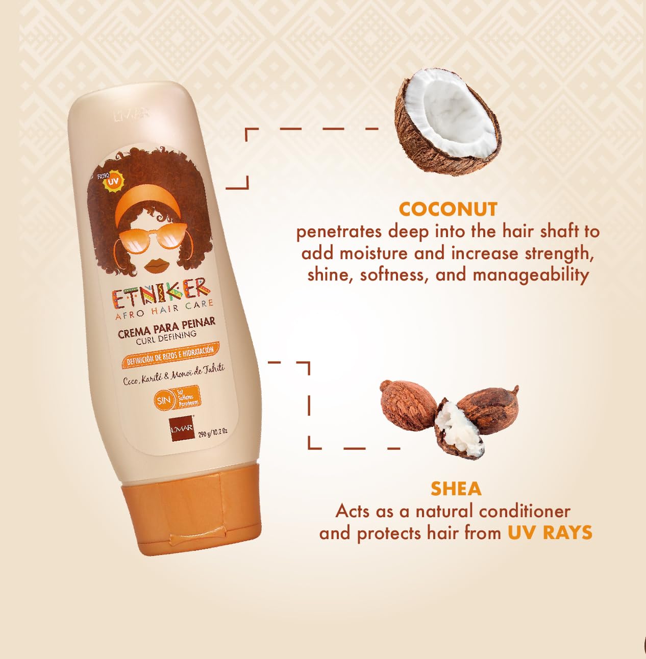 ETNIKER Curl Defining Styling Cream. Moisturize & Define. Coconut oil, Shea Butter & Monoi Oil. Free Sulfates, Salt, Silicones, Mineral Oil, and Parabens. Etniker crema para peinar rizos