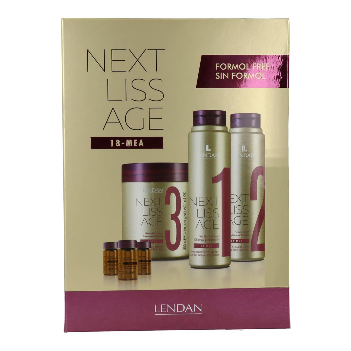 Lendan Next Liss Age · Kit profesional de alisado, pasos 1–3 y potenciadores · paquete de 4