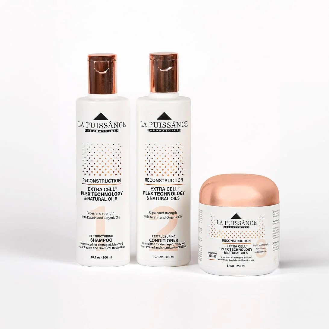 LA PUISSANCE Extra Cell® Plex Technology Hair Reconstruction Kit, Includes Shampoo, Conditioner and Bonding Mask, 3-Step Deep Repair Set for Severely Damaged Hair.