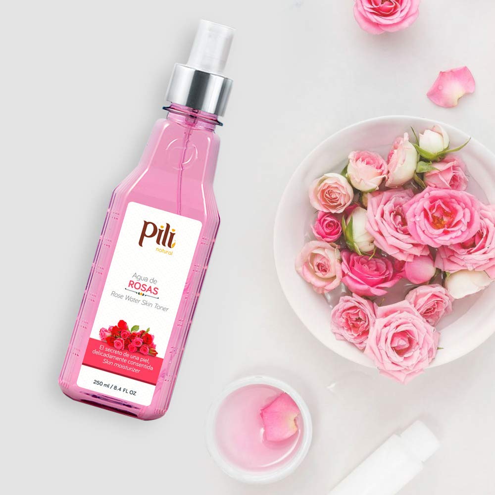 Pili Rose water, facial toner for sensitive skin. Refreshes, tones and moisturizes with the softness of the natural extract of roses and glycerin. 8.4 oz