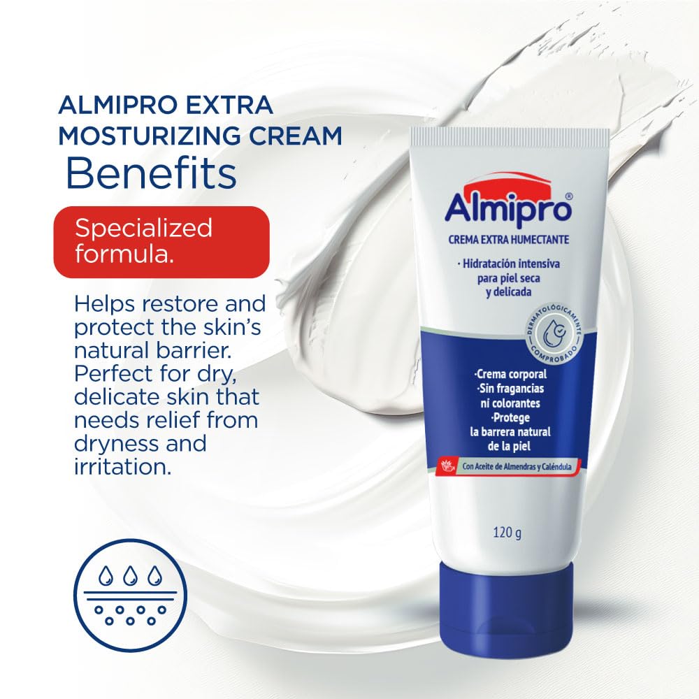 almipro Extra Moisturizing Cream for Dry, Delicate Skin – Intense Hydration with Calendula & Almond Oils – Nourishing Skin Barrier Cream for Fragile & Mature Skin – Fragrance-Free (4.2 oz)