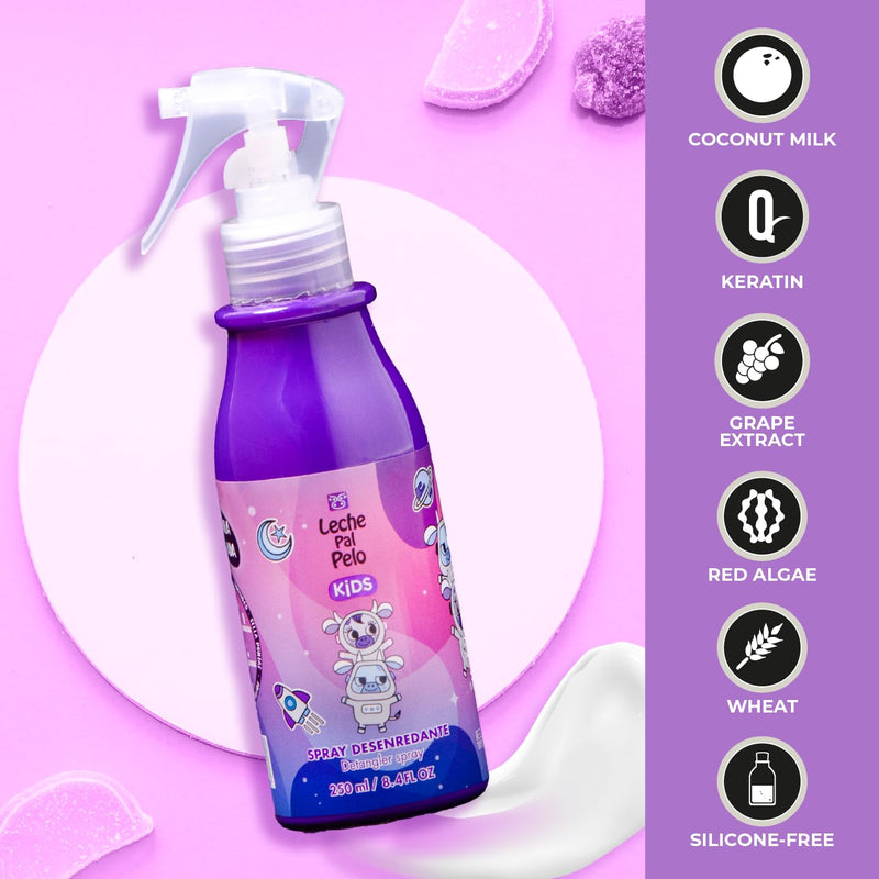 Leche Pal Pelo Kids Kit: Shampoo + Conditioner + Styling Cream (Leave-in Conditioner) + Detangler Spay + Hair Splash SLS Free - Vegan - Abyssinian, Coconut & Jojoba
