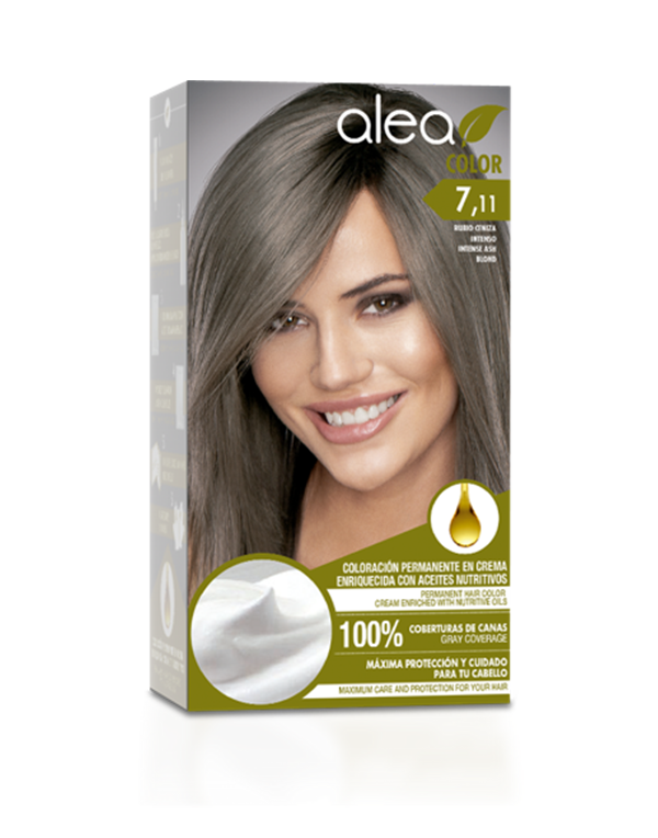 Alea Permanent Hair Color Cream Kit #7.11 Intense Ash Blond - Rubio Ceniza Intenso | Enriched with Nutritive Oils 100% Gray Cover