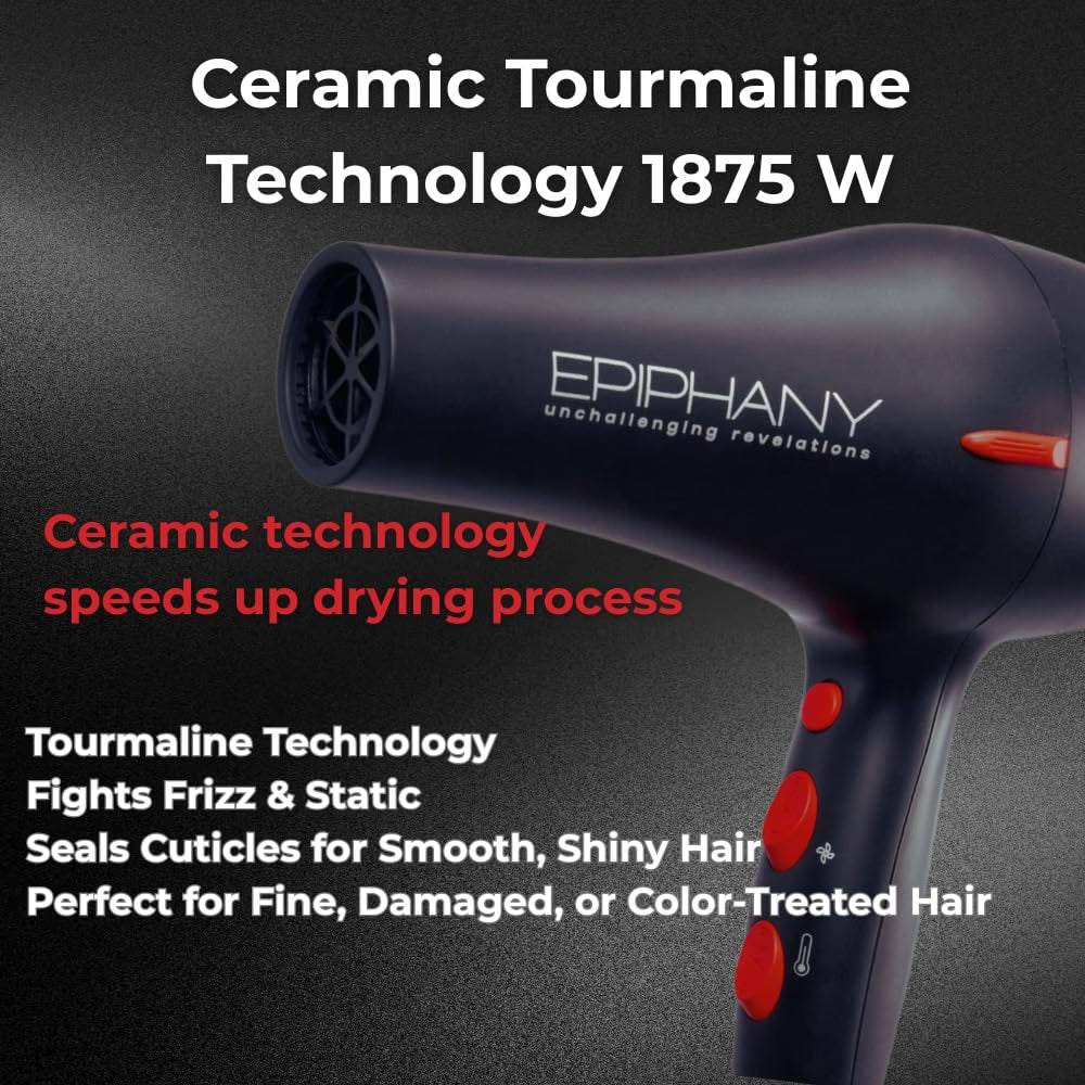 Epiphany Professional Hair Dryer 1875W – Ionic Blow Dryer with Ceramic Tourmaline Technology for Fast Drying, Frizz Control & Shine – Includes Diffuser & 2 Nozzles – Lightweight for All Hair Types