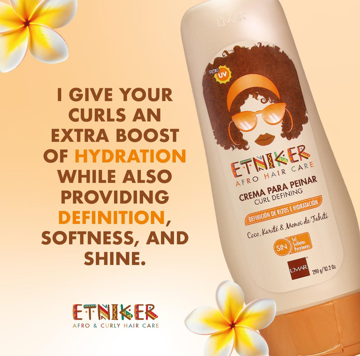 ETNIKER Curl Defining Styling Cream. Moisturize & Define. Coconut oil, Shea Butter & Monoi Oil. Free Sulfates, Salt, Silicones, Mineral Oil, and Parabens. Etniker crema para peinar rizos