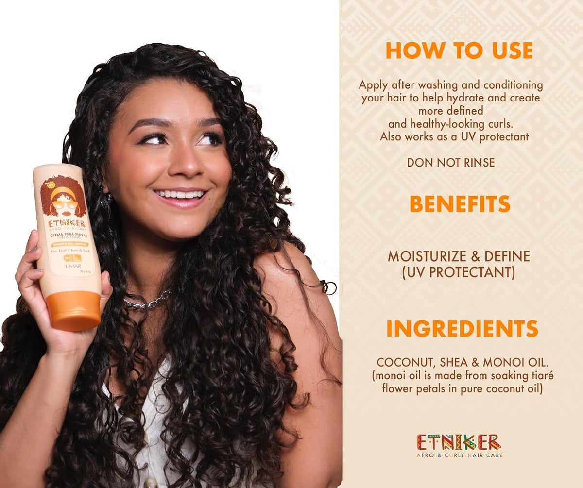 ETNIKER Curl Defining Styling Cream. Moisturize & Define. Coconut oil, Shea Butter & Monoi Oil. Free Sulfates, Salt, Silicones, Mineral Oil, and Parabens. Etniker crema para peinar rizos