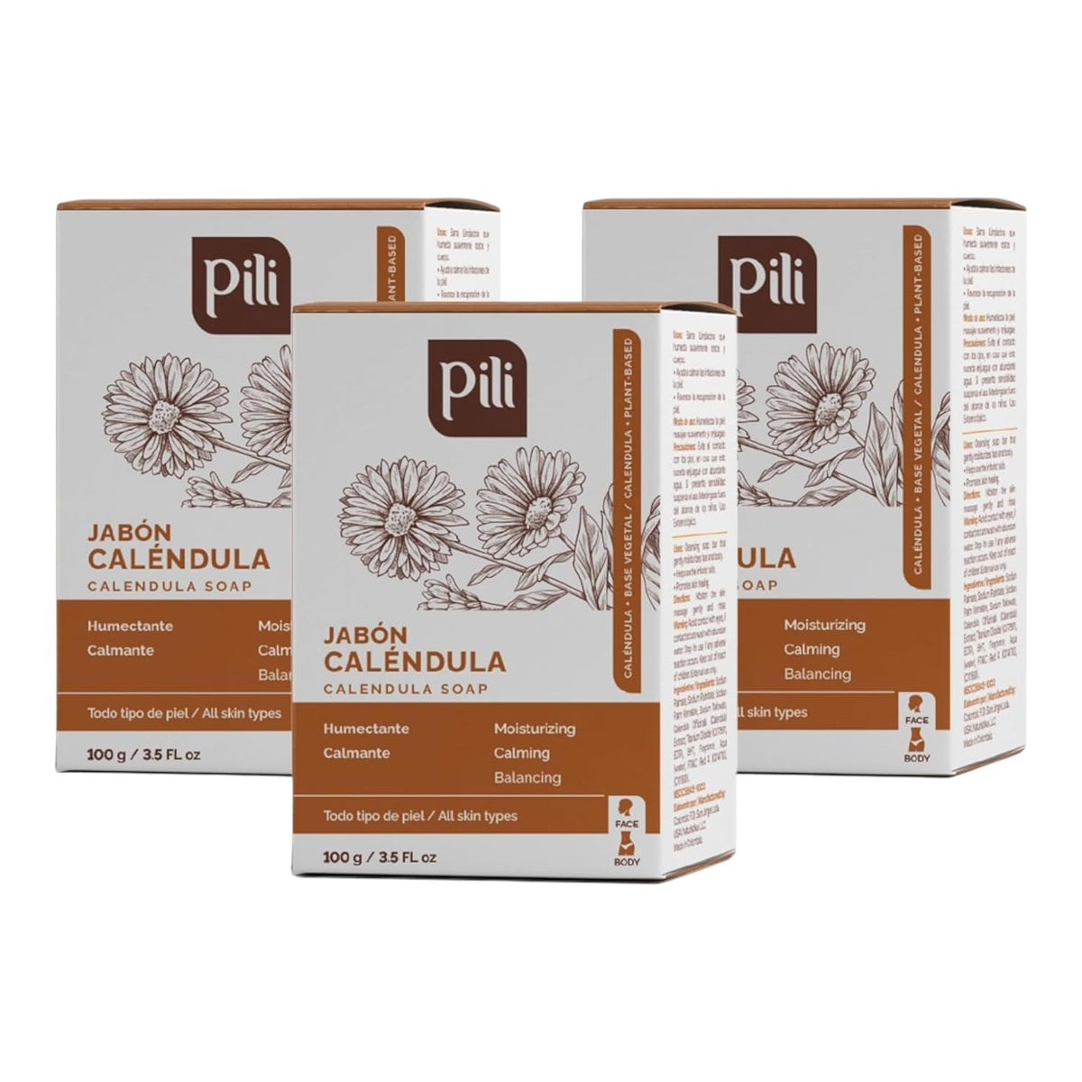 Pili Natural Calendula Soap Bars for Face and Body, for Dry or Cracked Skin, Gentle Cleanser for Men, Women and Teens (3 Pack)