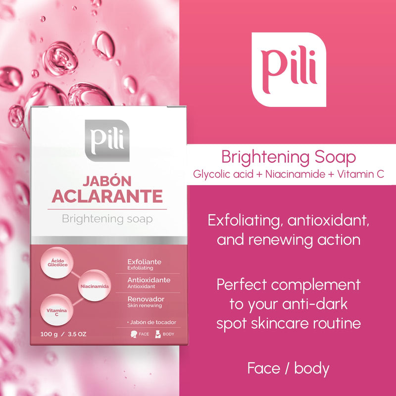 Pili Brightening Soap | Skin Brightening Soap for Face | Exfoliating Bar with Glycolic Acid, Vitamin C & Niacinamide | Even Skin Tone & Glowing Skin | Antioxidant Formula. 3.5 oz (2 Pack)