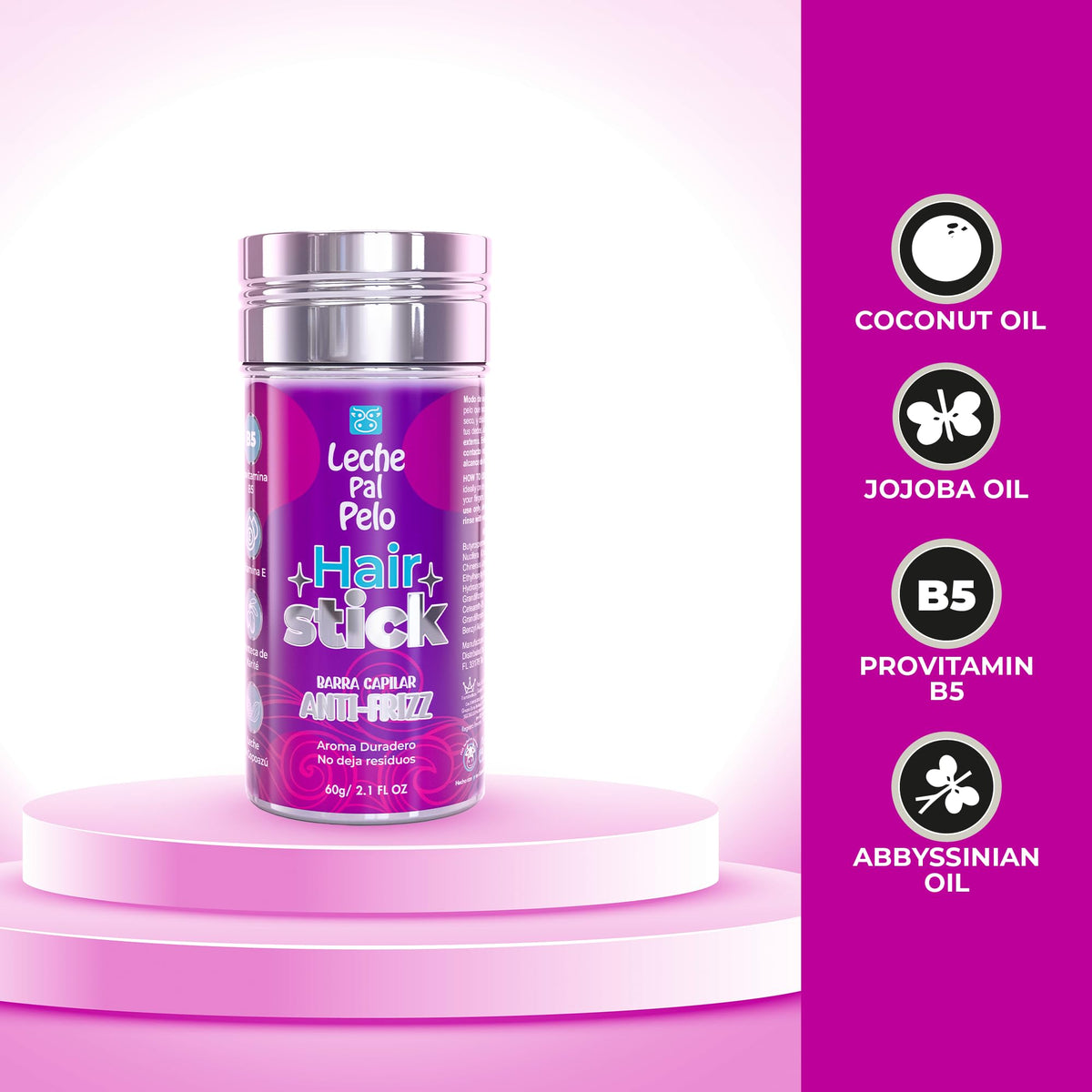 Leche Pal Pelo Hair Stick - Frizz-Free Control with Vitamin C, Shea Butter, Provitamin B5, and Copazu Milk for Sleek Styles, 2.1 oz.