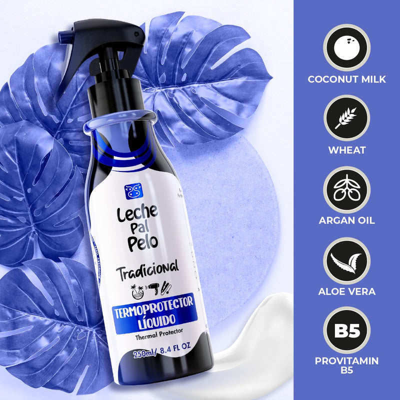 Leche Pal Pelo Liquid Thermal Protector Spray | Hair Heat Shield with Coconut Milk, Argan Oil, and Aloe Vera, 8.4 oz.