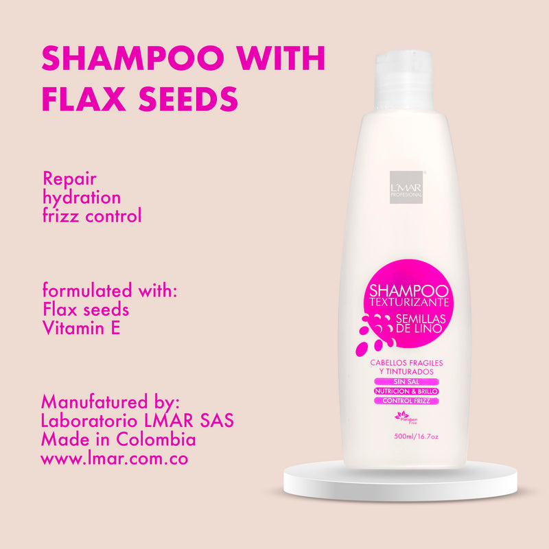 LMAR Shampoo Texturing Flax Seeds Fragile and Dyed Hair Salt Free | L'mar Champu Texturizante Semillas de Lino Cabello Fragil y Tinturado Sin Sal Nutricion Control Frizz Paraben Free (16.9Oz- 500mL)