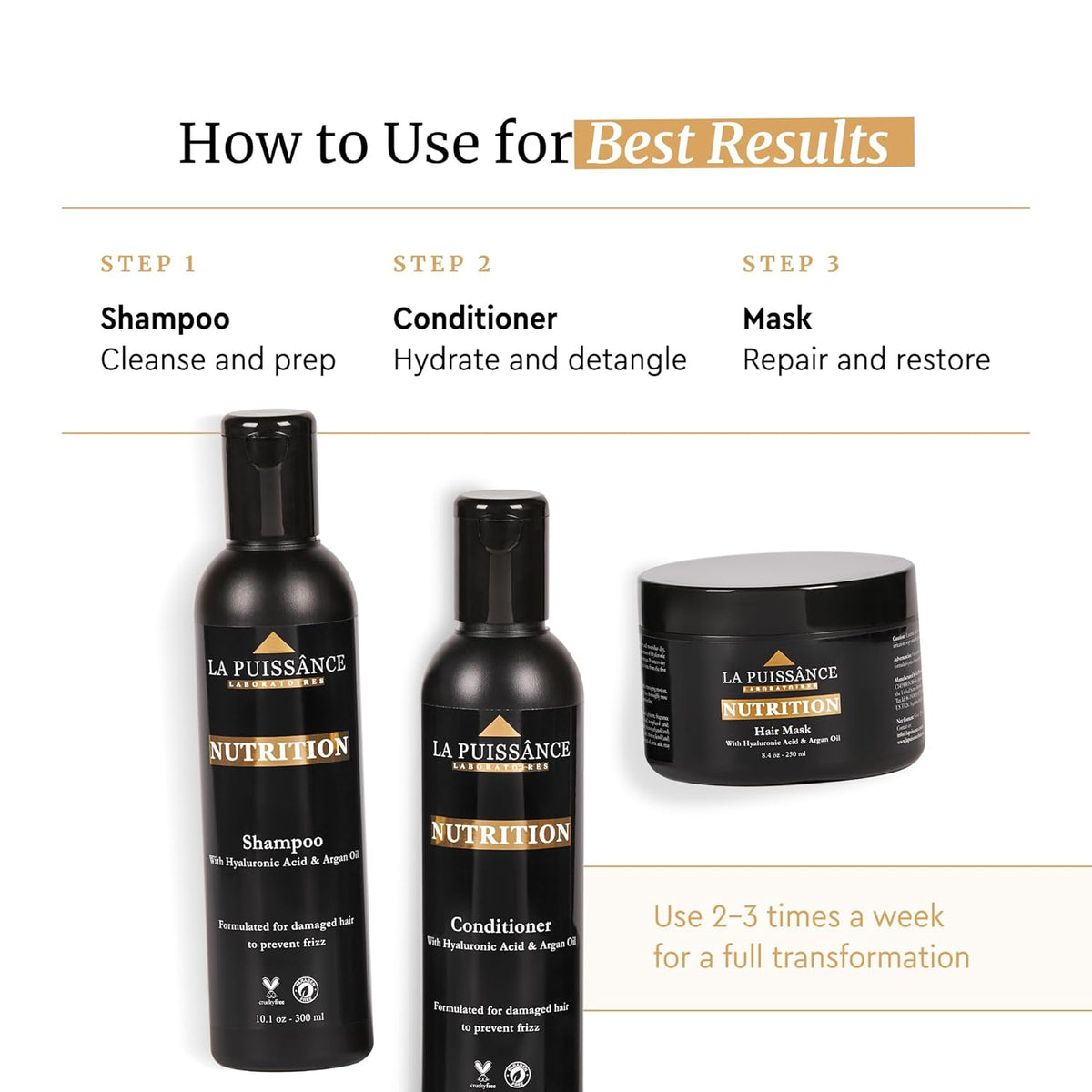LA PUISSANCE Moroccan Argan Oil Shampoo, Conditioner, and Hair Mask Set with Hyaluronic - Nutrition, Hydrating, Moisturize for Dry Hair - High Rated Frizz Control Haircare - for Home and Salon Use
