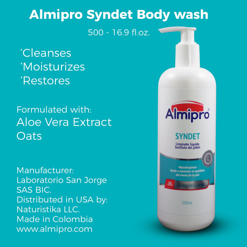 almipro Syndet Skin Cleanser | Soap-free Moisturizing Body Wash with Aloe Vera & Oatmeal for Dry, delicate, sensitive Skin | Dermatologist Recommended | Bottle 16.9 fl. oz.