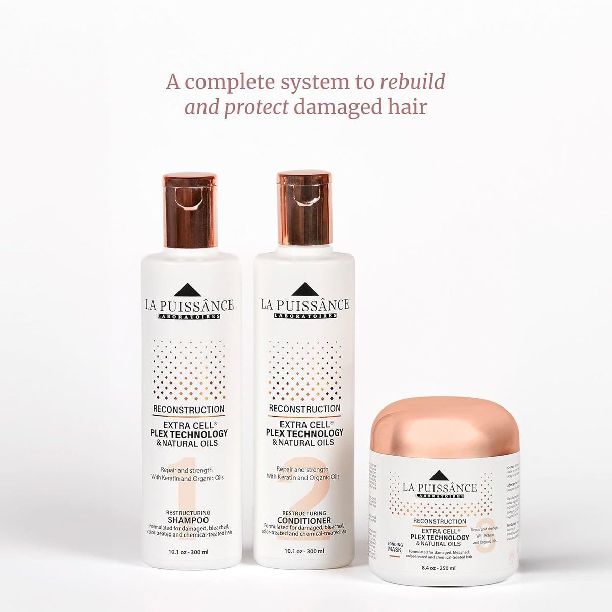 LA PUISSANCE Extra Cell® Plex Technology Hair Reconstruction Kit, Includes Shampoo, Conditioner and Bonding Mask, 3-Step Deep Repair Set for Severely Damaged Hair.