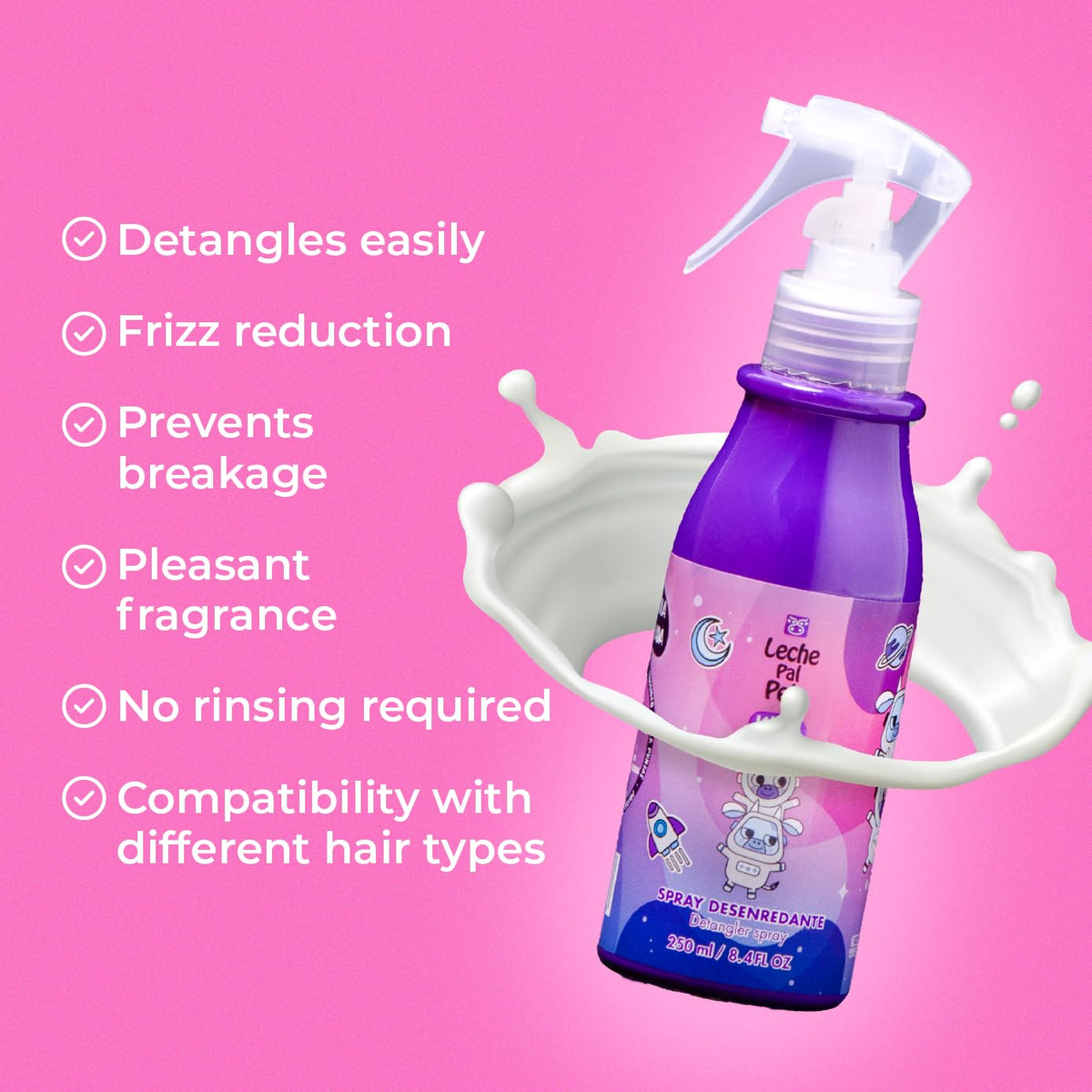 Leche Pal Pelo Girls' Detangling Spray - Tender Care with Coconut Goodness, Effortless Tangles, Silicone-Free Magic for All Hair Types, 8.4 oz.