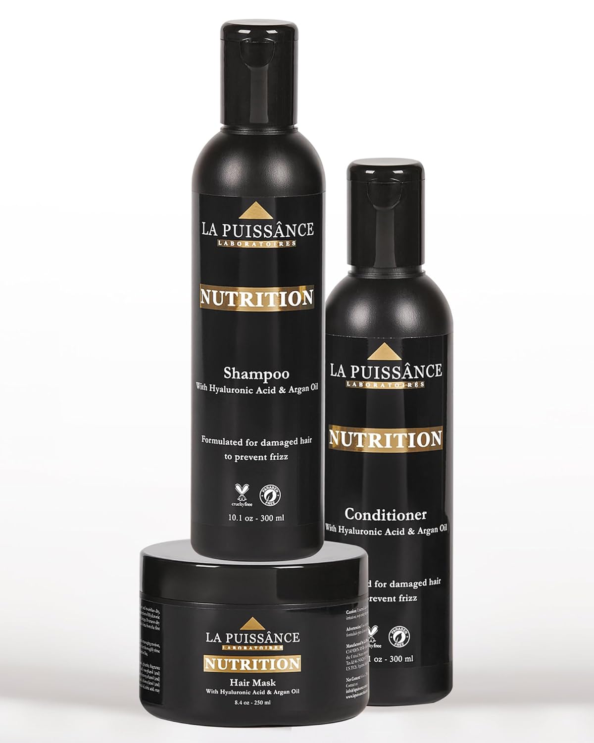 LA PUISSANCE Moroccan Argan Oil Shampoo, Conditioner, and Hair Mask Set with Hyaluronic - Nutrition, Hydrating, Moisturize for Dry Hair - High Rated Frizz Control Haircare - for Home and Salon Use
