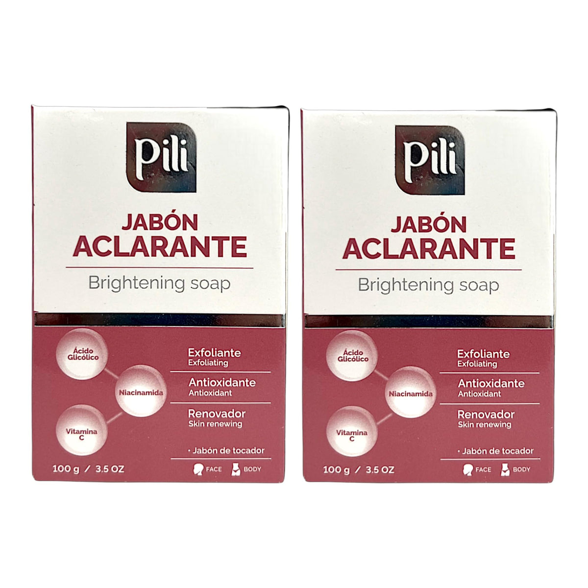 Pili · Jabón despigmentante con ácido glicólico, vitamina C y niacinamida · 3.5 oz · paquete de 2