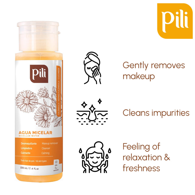 Pili Micellar Water with Calendula & Cucumber. Cleanses and hydrates Skin. Waterproof Makeup Remover. Gentle Toner for face, Eyes, and Lips | All Skin Types | Pump Dispenser Bottle 7.4 fl oz.