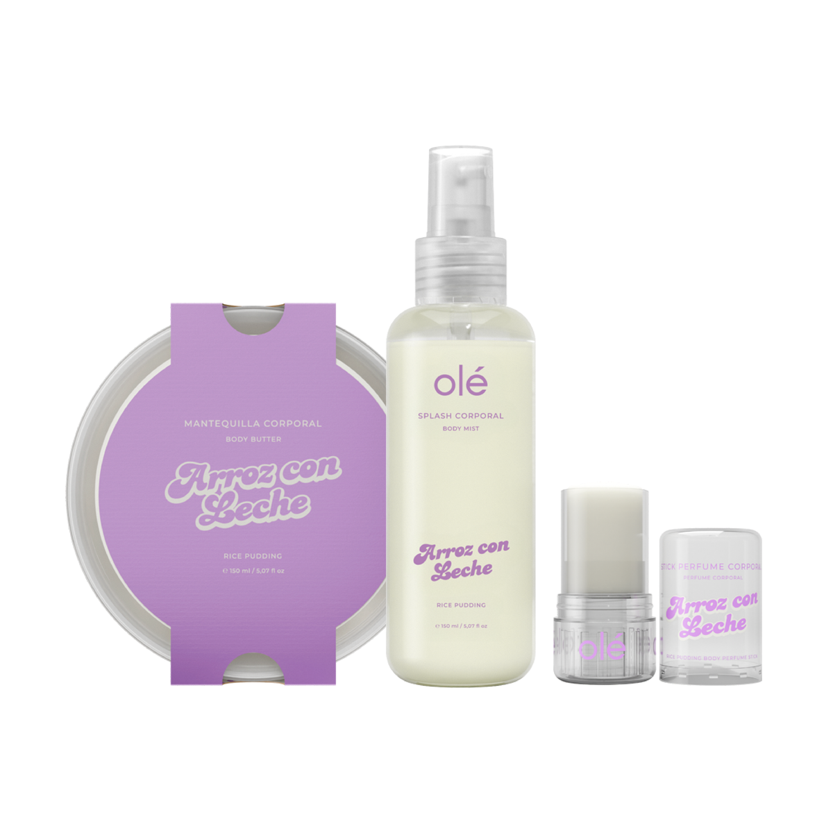 Olé Corporal Arroz con Leche Body Care Pack – Body Butter, Body Splash & Jelly Perfume | Soft & Creamy Fragrance | Hydration, Freshness & Comforting Aroma