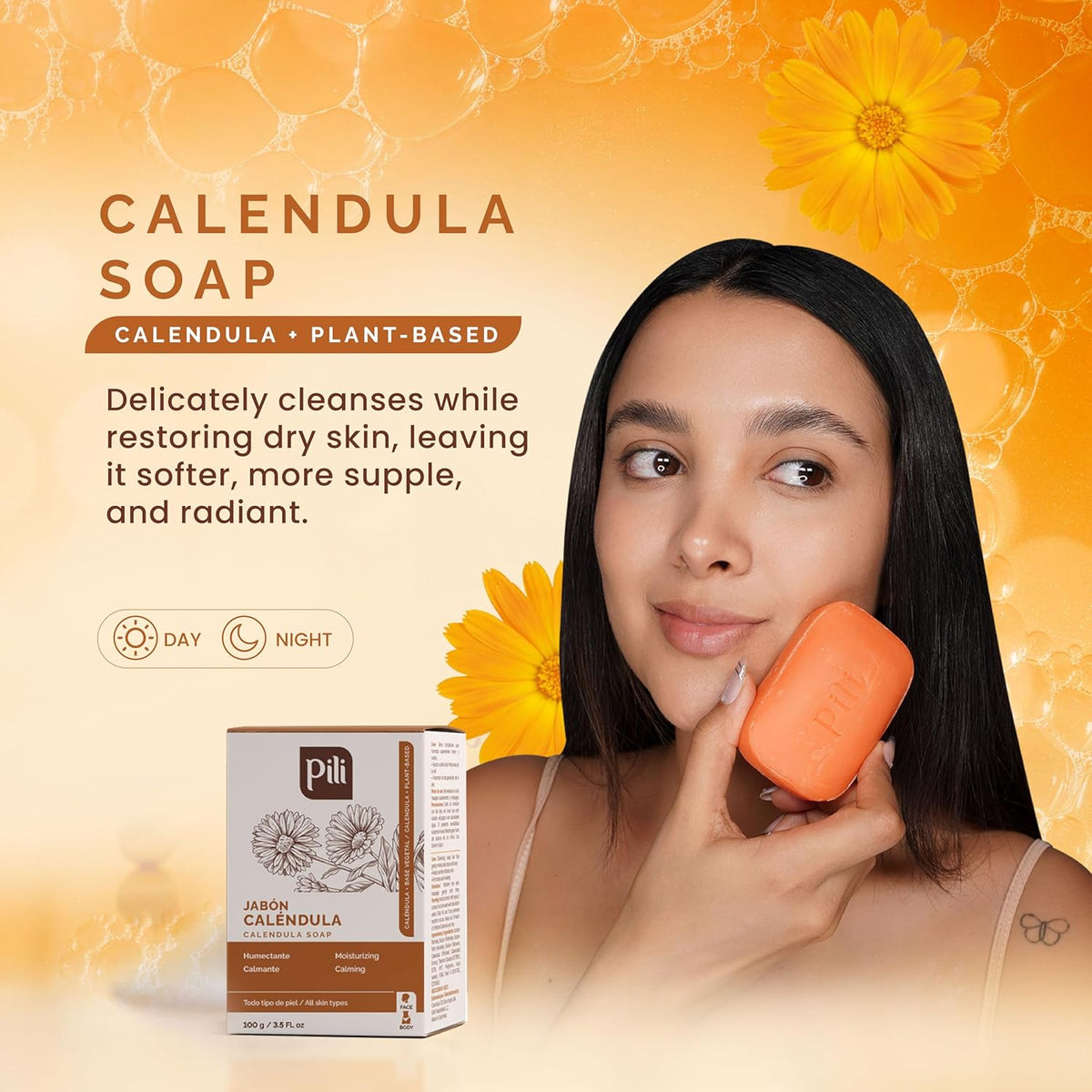 Pili Natural Calendula Soap Bars for Face and Body, for Dry or Cracked Skin, Gentle Cleanser for Men, Women and Teens (3 Pack)