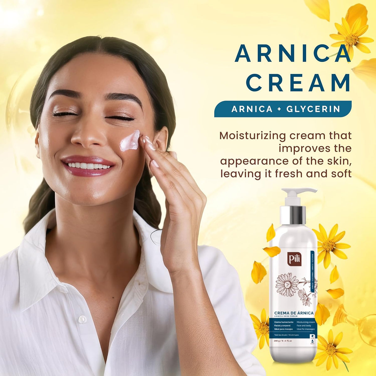 Pili Arnica Cream 8.4 oz. Deep Hydration & Soothing Relief for Dry, Rough Skin & Discoloration. Lightweight Face, Hand & Body Moisturizer, Non-Greasy & Fast Absorbing