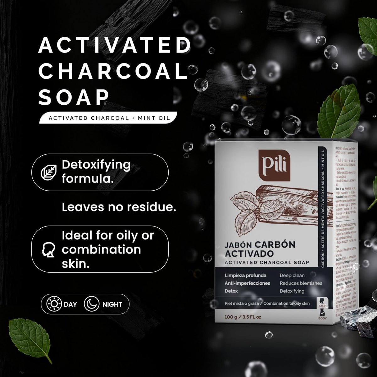 Pili Natural Activated Charcoal Detoxifying Soap Bars with Peppermint Oil (3 Pack) for Face and Body for Men, Women and Teens