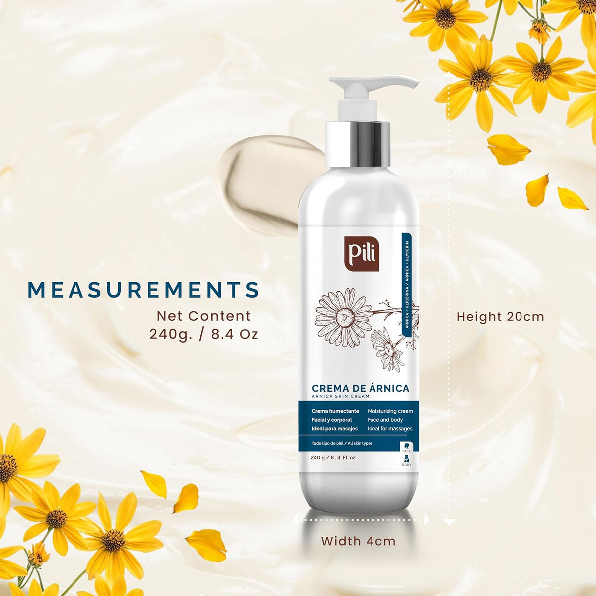 Pili Arnica Cream 8.4 oz. Deep Hydration & Soothing Relief for Dry, Rough Skin & Discoloration. Lightweight Face, Hand & Body Moisturizer, Non-Greasy & Fast Absorbing