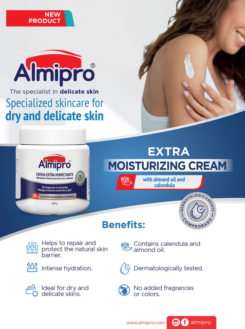 Almipro Extra Moisturizing Cream. Daily Skin’s barrier Protectant & Moisturizer Cream for fragile, Dry skin. Intense Hydration Moisturizer with Calendula & Almond Oils for mature, thin, delicate skin.