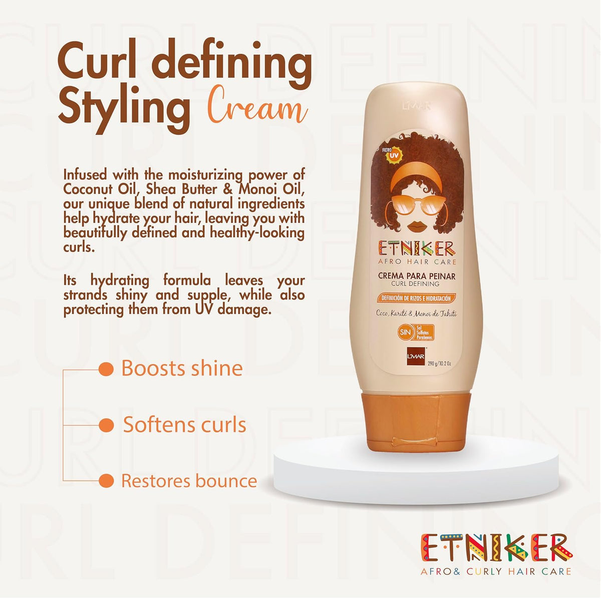 ETNIKER Curl Defining Styling Cream. Moisturize & Define. Coconut oil, Shea Butter & Monoi Oil. Free Sulfates, Salt, Silicones, Mineral Oil, and Parabens. Etniker crema para peinar rizos