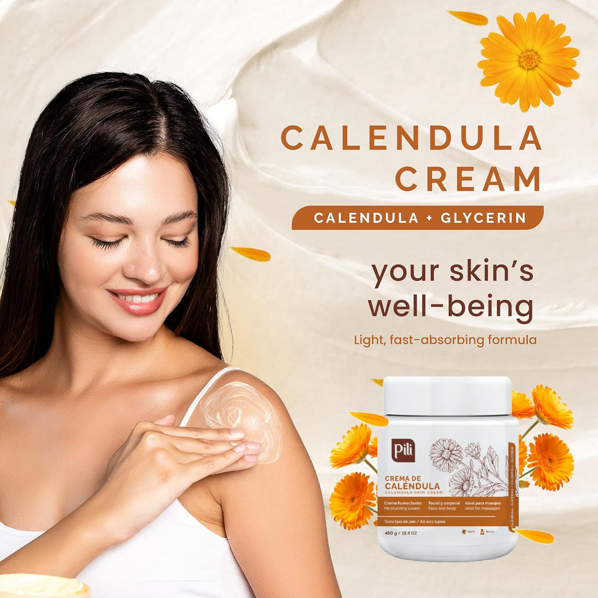 Pili Calendula Repair Cream for Dry & Sensitive Skin Barrier Support Moisturizer for Face, Hands & Body Non-Greasy, Unscented. Multipurpose Daily Use. 15 oz