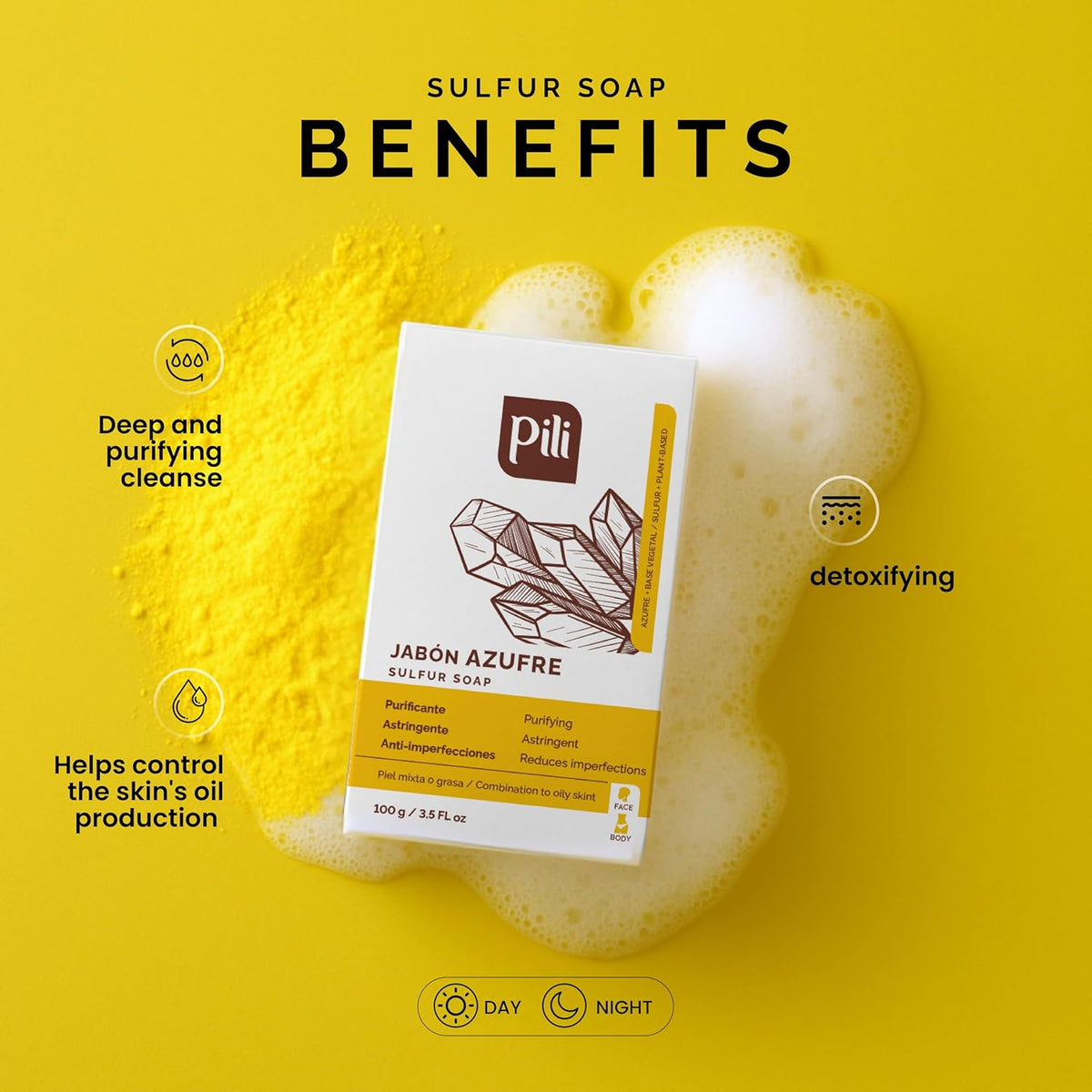 Pili Natural Sulfur Soap Bars (3 Pack) Jabón de azufre - Deep Cleansing and Oil-Control Formula for All Skin Types - Maintain Healthy Skin - 3-Pack