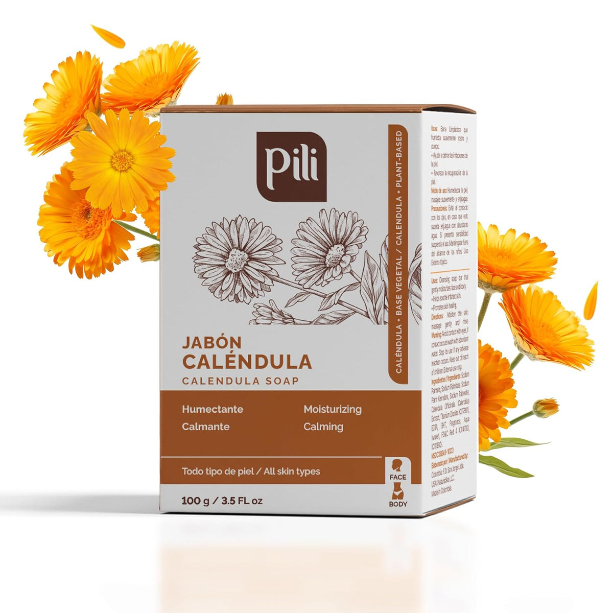 Pili Natural Calendula Soap Bars for Face and Body, for Dry or Cracked Skin, Gentle Cleanser for Men, Women and Teens (3 Pack)