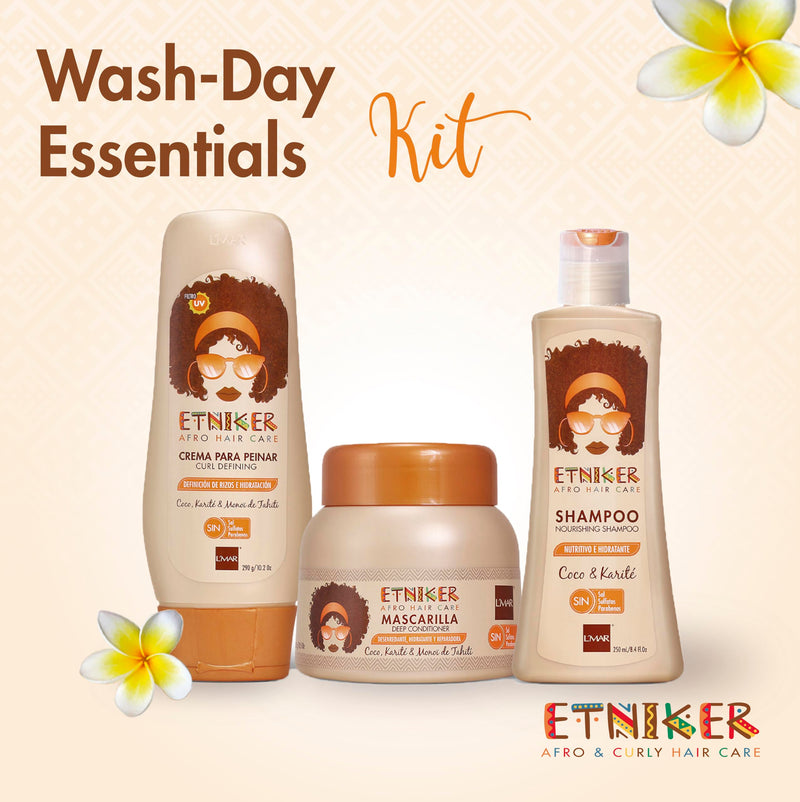 ETNIKER Afro-textured, Curly & Wavy hair Wash Kit: Styling Cream, Nourishing Shampoo, and Deep Conditioning Mask with Coconut, Shea Butter & Monoi Oil. Free S&S Mineral Oil, Parabens (3piece Set)