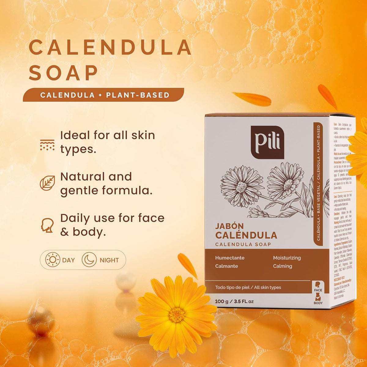 Pili Natural Calendula Soap Bars for Face and Body, for Dry or Cracked Skin, Gentle Cleanser for Men, Women and Teens (3 Pack)