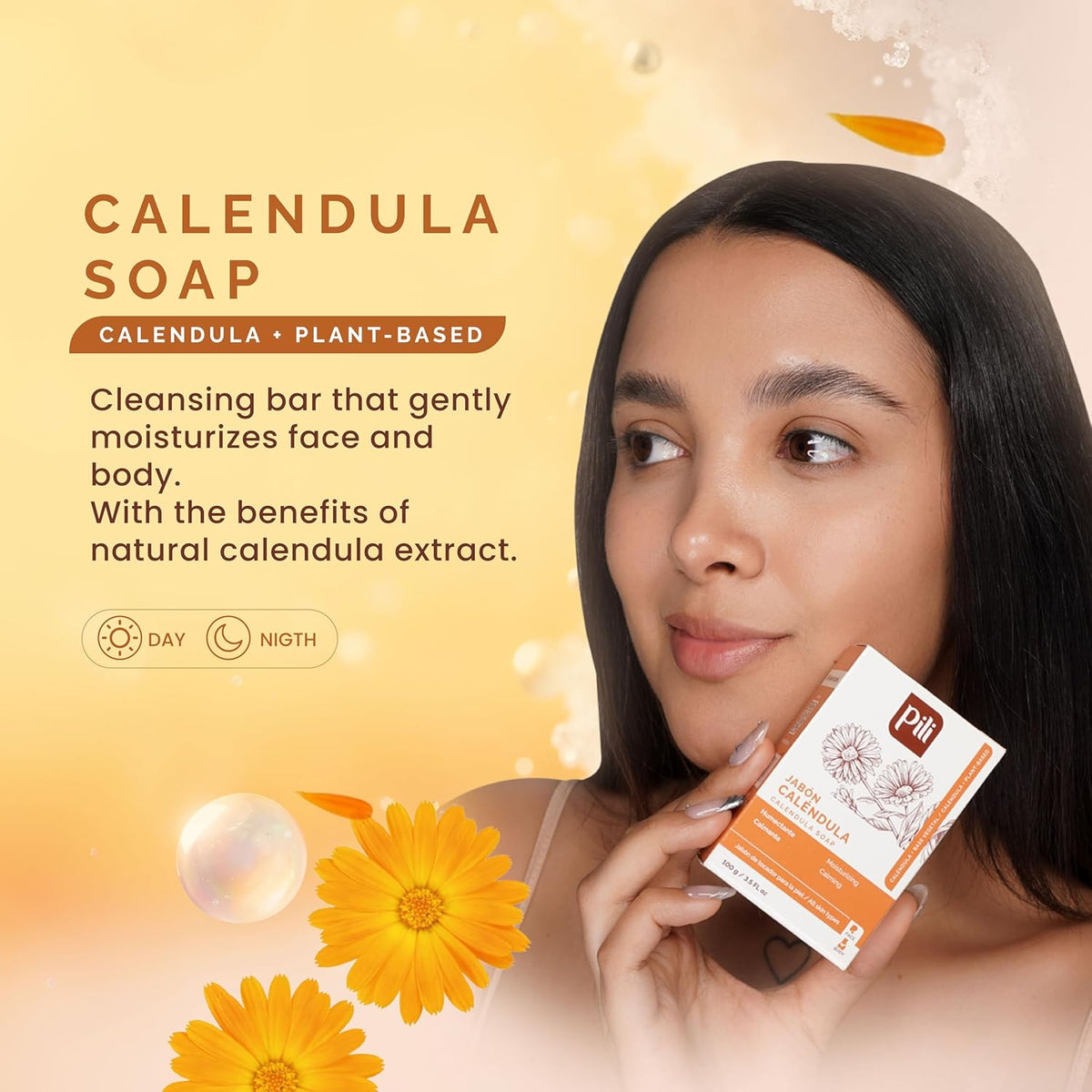 Pili Natural Calendula Soap Bars for Face and Body, for Dry or Cracked Skin, Gentle Cleanser for Men, Women and Teens (3 Pack)