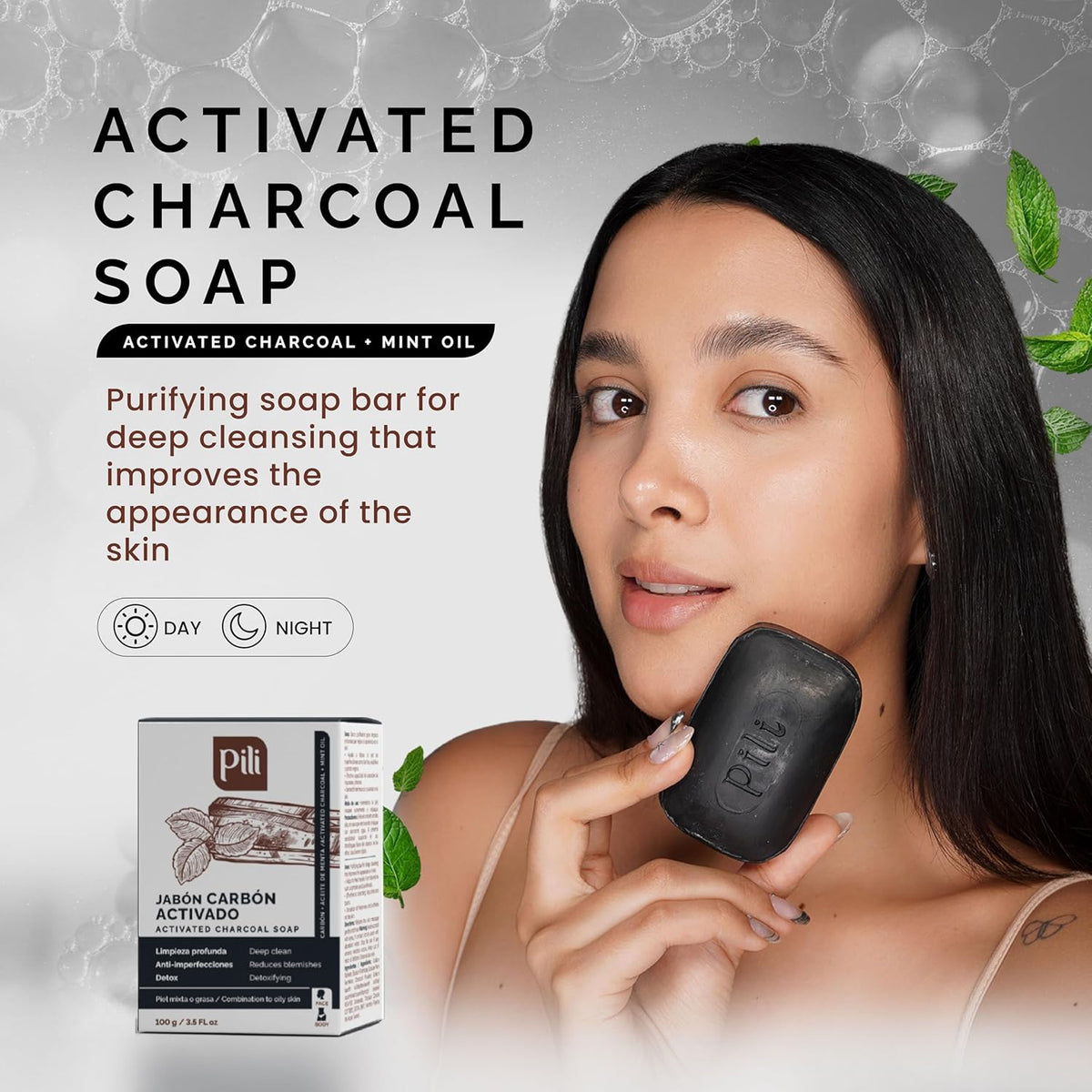 Pili Natural Activated Charcoal Detoxifying Soap Bars with Peppermint Oil (3 Pack) for Face and Body for Men, Women and Teens