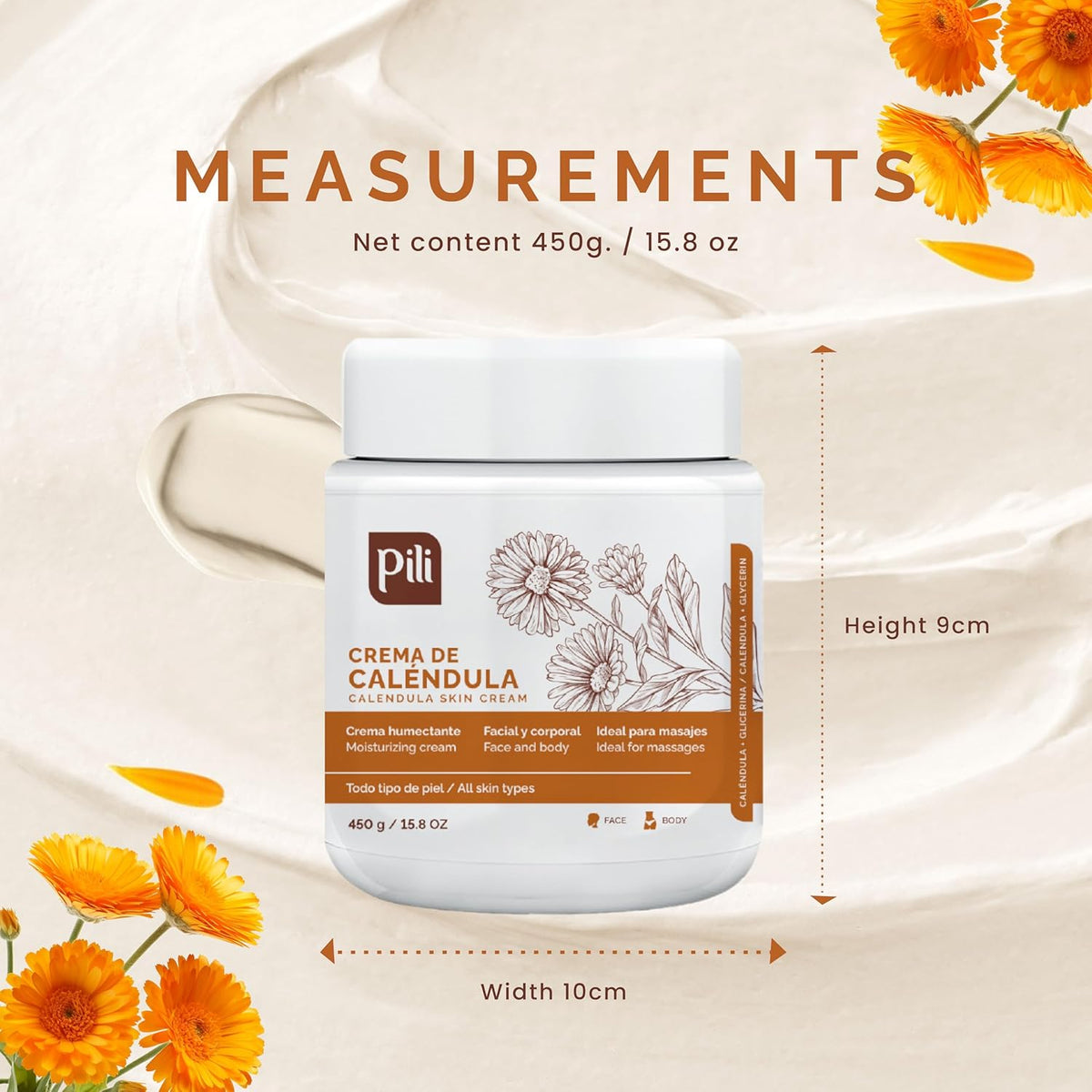 Pili Calendula Repair Cream for Dry & Sensitive Skin Barrier Support Moisturizer for Face, Hands & Body Non-Greasy, Unscented. Multipurpose Daily Use. 15 oz