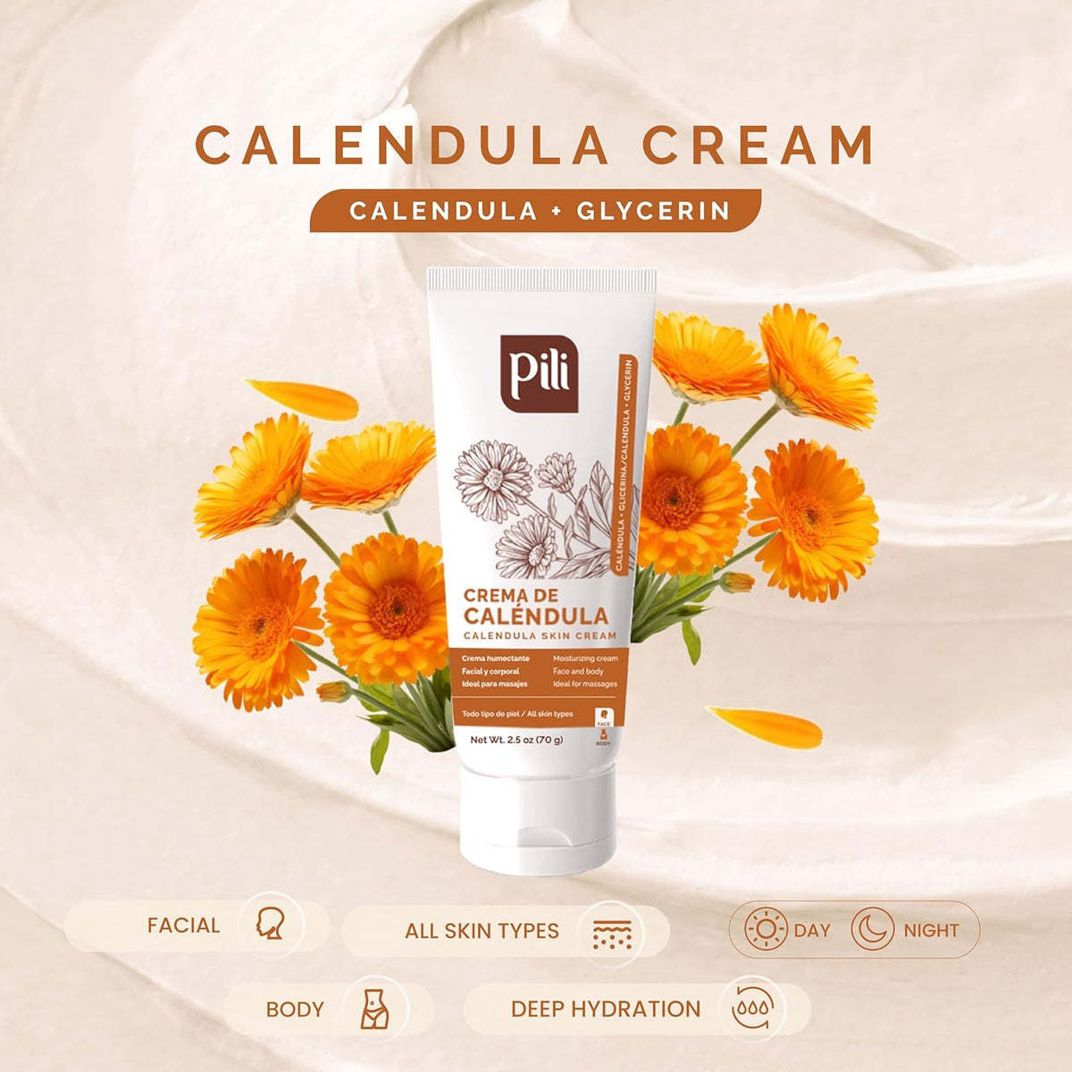 Pili Natural Calendula Cream - Moisturizing Cream for Rough, Dry, or Chapped Skin - Hydrating and Nurturing Skin Moisturizer - Unscented and Non-Greasy (2.5 oz)