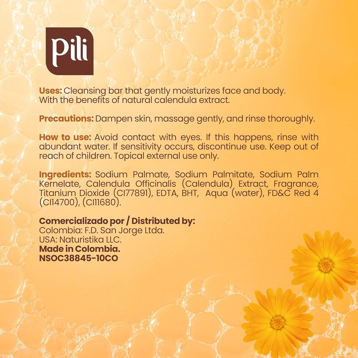 Pili Natural Calendula Soap Bars for Face and Body, for Dry or Cracked Skin, Gentle Cleanser for Men, Women and Teens (3 Pack)