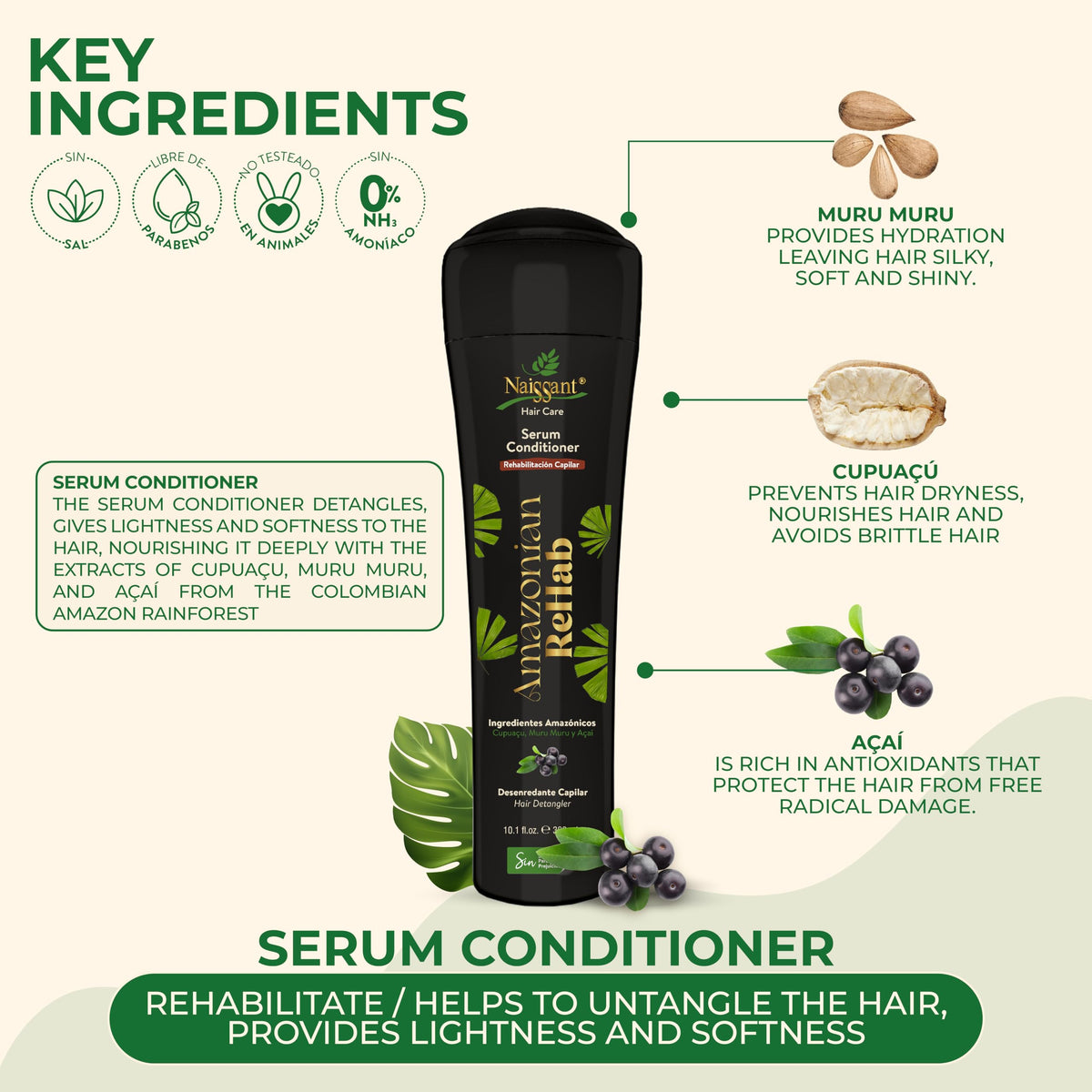 naissant Amazonian Rehab Hair Care Serum Conditioner | Enriched with Muru Muru, Cupuaçu, and Açaí | Nourishing Conditioner for Lightweight, Soft, and Damaged Hair Repair (10.1 fl oz)
