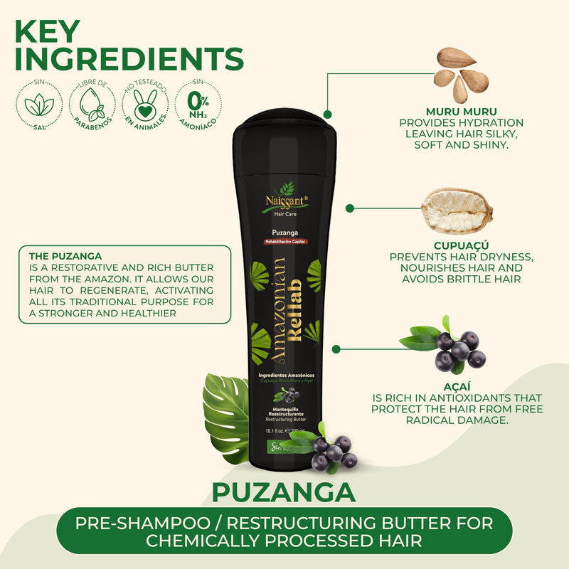 Naissant Amazonian Rehab Hair Care Puzanga Butter | Enriched with Muru Muru, Cupuaçu, and Açaí | Nourishing Pre-Shampoo for Lightweight, Soft, and Damaged Hair Repair (10.1 fl oz)