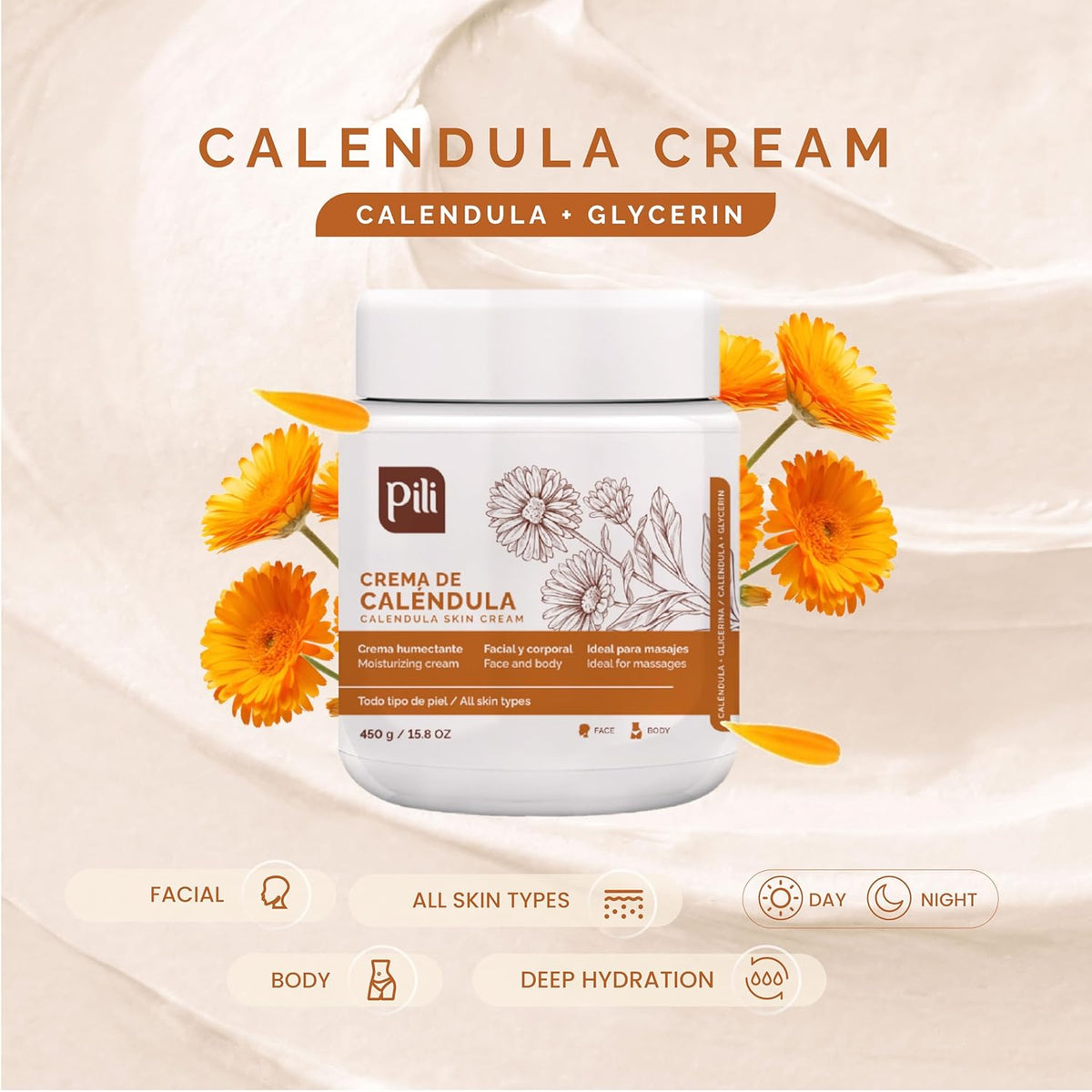 Pili Calendula Repair Cream for Dry & Sensitive Skin Barrier Support Moisturizer for Face, Hands & Body Non-Greasy, Unscented. Multipurpose Daily Use. 15 oz